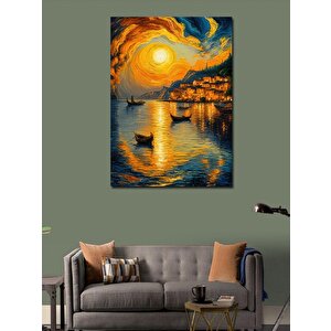 Kanvas Tablo Gün Batımı Sahil Kasabası Ve Kayıklar 50x70 cm