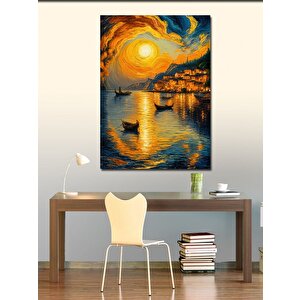 Kanvas Tablo Gün Batımı Sahil Kasabası Ve Kayıklar 50x70 cm