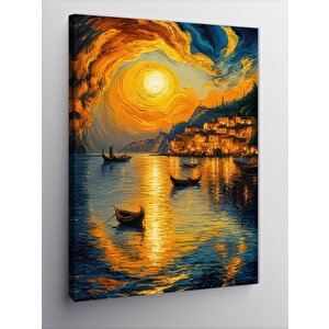 Kanvas Tablo Gün Batımı Sahil Kasabası Ve Kayıklar 100x140 cm