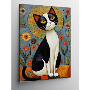 Kanvas Tablo Sevimli Kedi Ve Çiçekler 100x140 cm