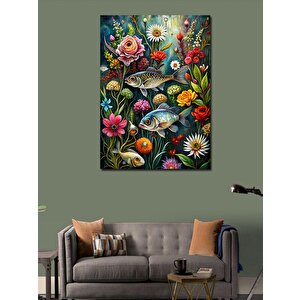 Kanvas Tablo Çiçekler Ve Balıklar 100x140 cm