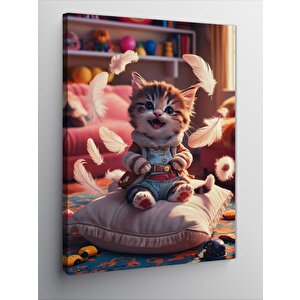 Kanvas Tablo Kuş Tüyü Yastık Ve Afacan Kedi