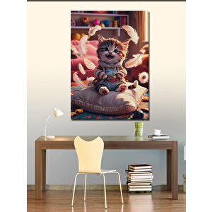 Kanvas Tablo Kuş Tüyü Yastık Ve Afacan Kedi 70x100 cm