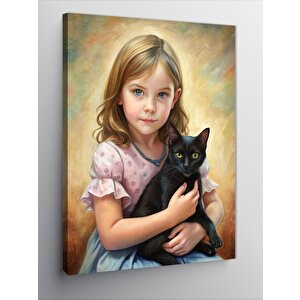 Kanvas Tablo Kız Çocuğu Ve Siyah Kedi 100x140 cm