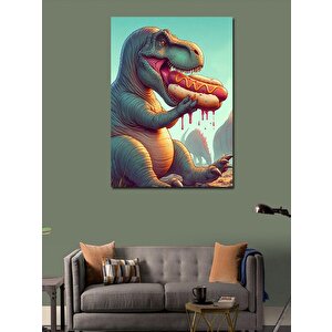 Kanvas Tablo Hotdog Yiyen Sevimli Dinazor 100x140 cm