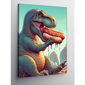 Kanvas Tablo Hotdog Yiyen Sevimli Dinazor 70x100 cm