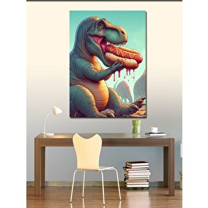 Kanvas Tablo Hotdog Yiyen Sevimli Dinazor 70x100 cm