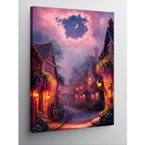 Kanvas Tablo Çiçekli Evler Ve Ayışığı 100x140 cm