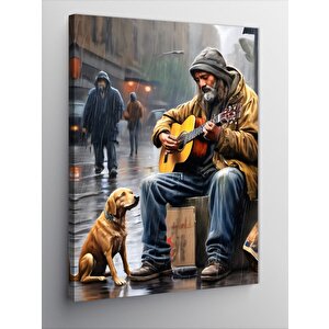 Kanvas Tablo Sokakta Gitar Çalan Adam Ve Köpeği 50x70 cm