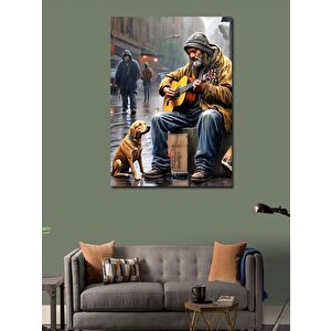 Kanvas Tablo Sokakta Gitar Çalan Adam Ve Köpeği 50x70 cm