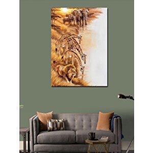 Kanvas Tablo Afrika'da Zürafa Fil Ve Aslan 50x70 cm