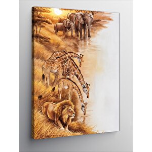 Kanvas Tablo Afrika'da Zürafa Fil Ve Aslan 70x100 cm