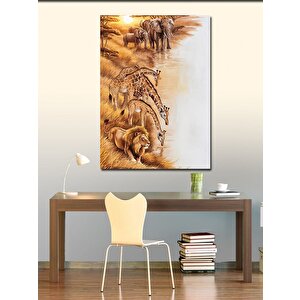 Kanvas Tablo Afrika'da Zürafa Fil Ve Aslan 70x100 cm