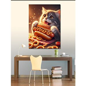 Kanvas Tablo Hotdog Yiyen Kedi 70x100 cm