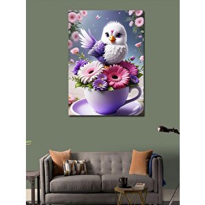 Kanvas Tablo Kahve Fincanı Çiçek Ve Kuş 100x140 cm