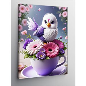 Kanvas Tablo Kahve Fincanı Çiçek Ve Kuş 70x100 cm