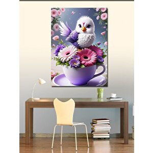 Kanvas Tablo Kahve Fincanı Çiçek Ve Kuş 70x100 cm