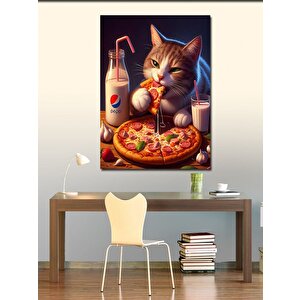 Kanvas Tablo Pizza Yiyen Sevimli Kedi