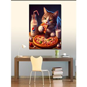 Kanvas Tablo Pizza Yiyen Sevimli Kedi 50x70 cm