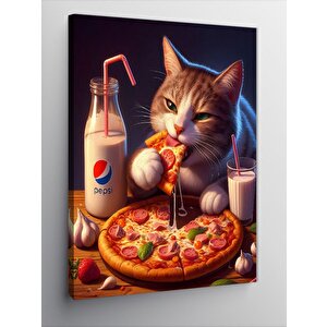 Kanvas Tablo Pizza Yiyen Sevimli Kedi 100x140 cm