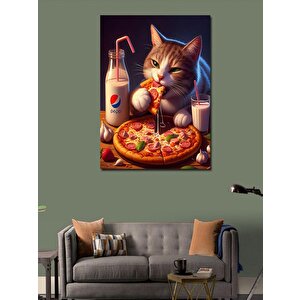 Kanvas Tablo Pizza Yiyen Sevimli Kedi 100x140 cm