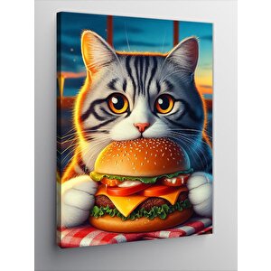 Kanvas Tablo Hamburger Yiyen Kedi 100x140 cm