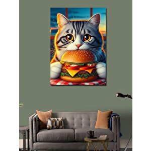 Kanvas Tablo Hamburger Yiyen Kedi 100x140 cm
