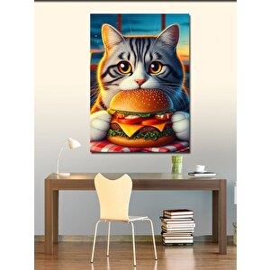 Kanvas Tablo Hamburger Yiyen Kedi 100x140 cm