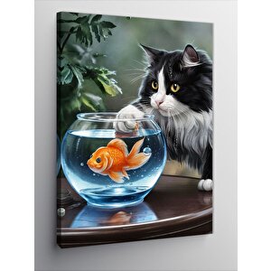 Kanvas Tablo Akvaryumdaki Balık Ve Kedi 100x140 cm