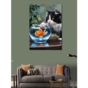 Kanvas Tablo Akvaryumdaki Balık Ve Kedi 100x140 cm