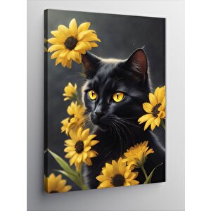 Kanvas Tablo Kara Kedi Ve Sarı Çiçekler 100x140 cm