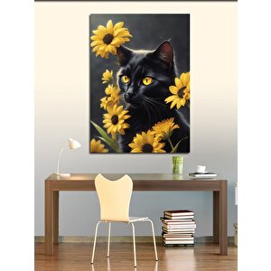 Kanvas Tablo Kara Kedi Ve Sarı Çiçekler
