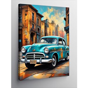 Kanvas Tablo Gazete Fon Mavi Klasik Araba 50x70 cm
