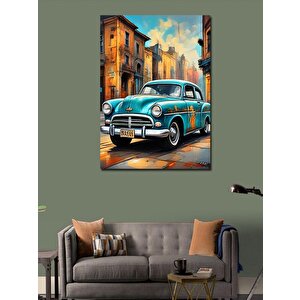 Kanvas Tablo Gazete Fon Mavi Klasik Araba 50x70 cm
