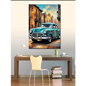 Kanvas Tablo Gazete Fon Mavi Klasik Araba 50x70 cm
