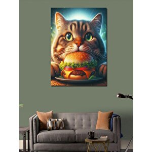 Kanvas Tablo Hamburger Yiyen Kedi 100x140 cm