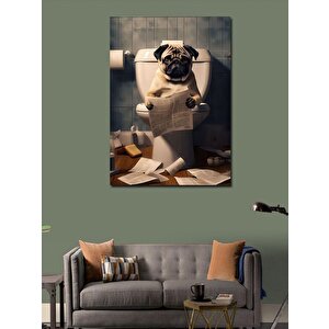 Kanvas Tablo Tuvalette Gazete Okuyan Köpek 100x140 cm