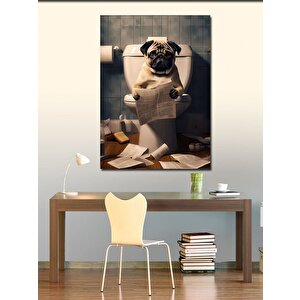 Kanvas Tablo Tuvalette Gazete Okuyan Köpek 50x70 cm