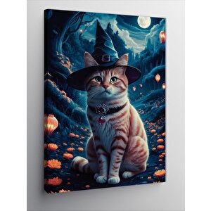 Kanvas Tablo Cadı Şapkalı Kedi