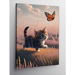 Kanvas Tablo Yavru Kedi Ve Kelebek 100x140 cm