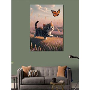Kanvas Tablo Yavru Kedi Ve Kelebek 100x140 cm