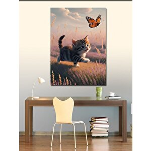 Kanvas Tablo Yavru Kedi Ve Kelebek 100x140 cm