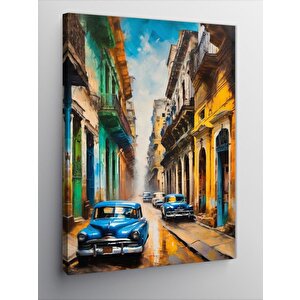 Kanvas Tablo Mavi Klasik Arabalar Ve Renkli Sokak 50x70 cm