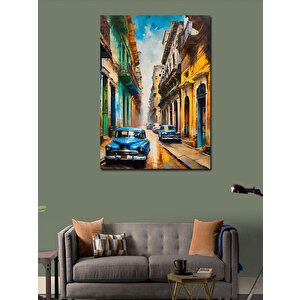 Kanvas Tablo Mavi Klasik Arabalar Ve Renkli Sokak 50x70 cm
