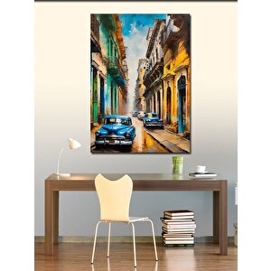 Kanvas Tablo Mavi Klasik Arabalar Ve Renkli Sokak 70x100 cm