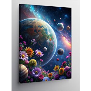 Kanvas Tablo Gezegenler Ve Renkli Çiçekler 70x100 cm