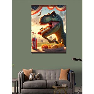 Kanvas Tablo Hotdog Yiyen Sevimli Dinozor 100x140 cm