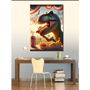 Kanvas Tablo Hotdog Yiyen Sevimli Dinozor 100x140 cm