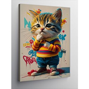 Kanvas Tablo Renkli Kazaklı Kedi 70x100 cm