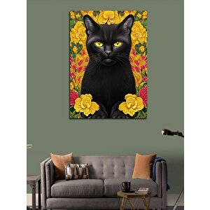 Kanvas Tablo Siyah Kedi Ve Sarı Çiçekler 100x140 cm
